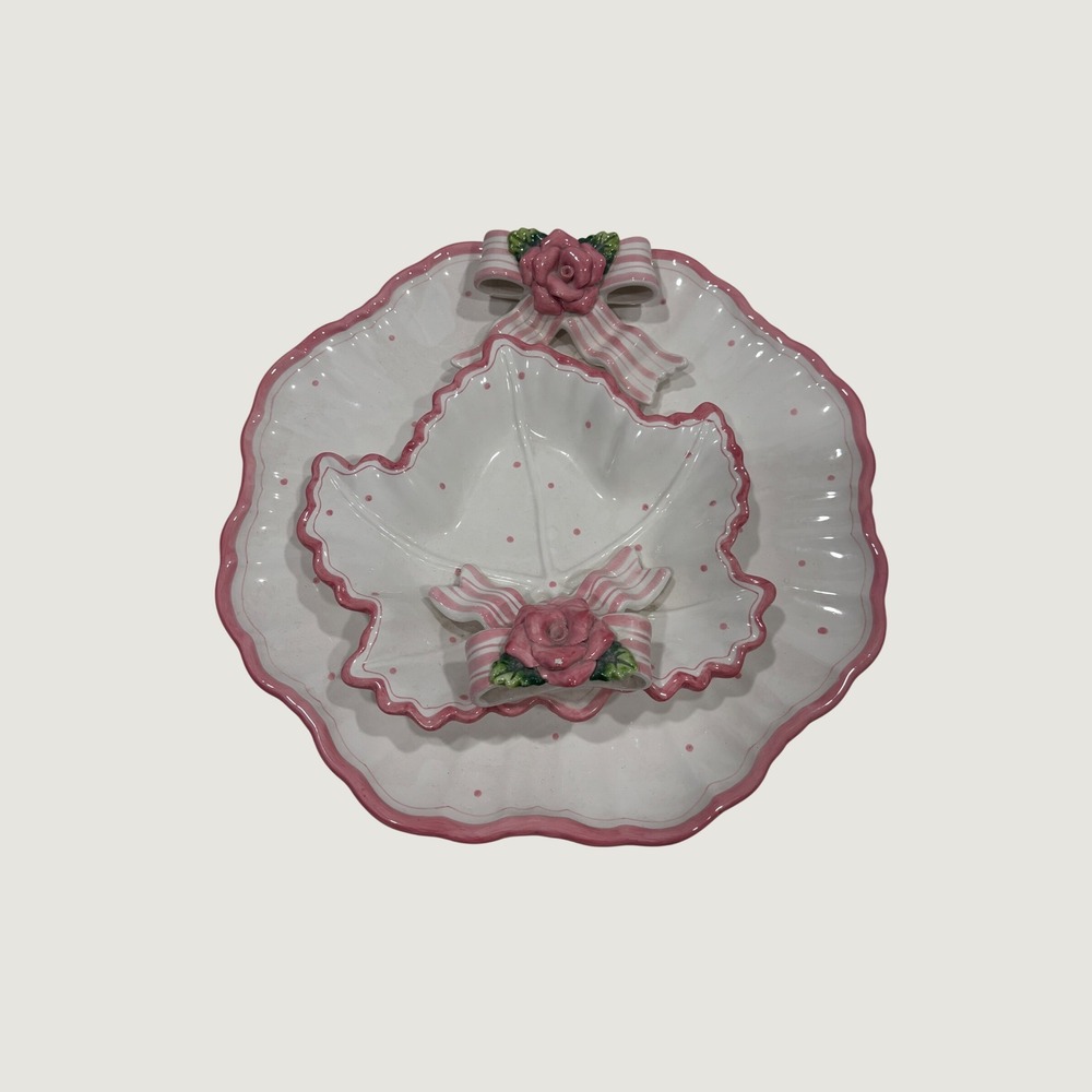 Bella Casa by Ganz Pink Rose Polka Dot Ceramic Plate and Leaf Bowl Set 2pc